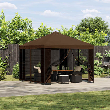 Trädgårdsgazebo med sidoväggar 3 x 3 m Brun Polyester och Stål