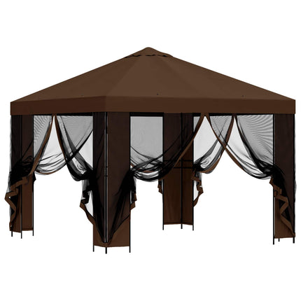 Trädgårdsgazebo med sidoväggar 3 x 3 m Brun Polyester och Stål