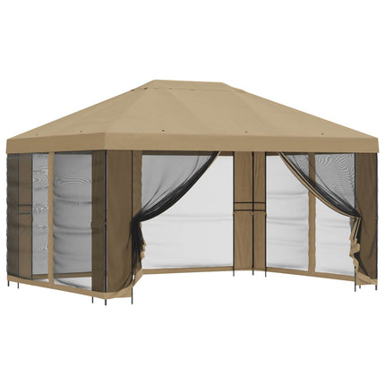 Trädgårdsgazebo med sidoväggar 4 × 3 m Beige Polyester och Stål