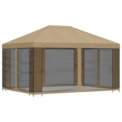 Trädgårdsgazebo med sidoväggar 4 × 3 m Beige Polyester och Stål