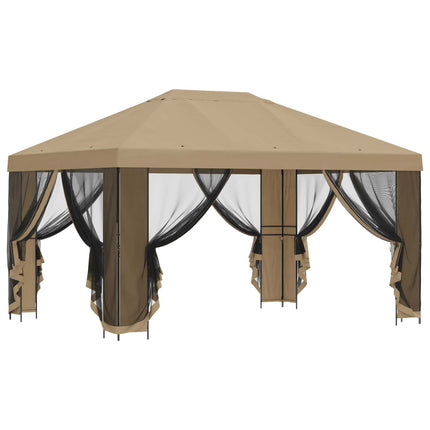 Trädgårdsgazebo med sidoväggar 4 × 3 m Beige Polyester och Stål
