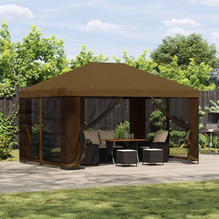 Trädgårdsgazebo med sidoväggar 4 × 3 m Taupe Polyester och Stål
