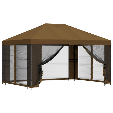 Trädgårdsgazebo med sidoväggar 4 × 3 m Taupe Polyester och Stål