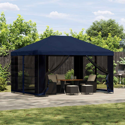 Trädgårdsgazebo med sidoväggar 4 × 3 m Blå Polyester och Stål
