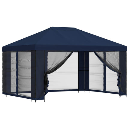Trädgårdsgazebo med sidoväggar 4 × 3 m Blå Polyester och Stål