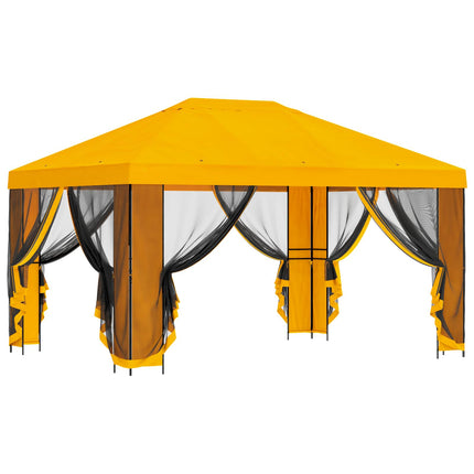 Trädgårdsgazebo med sidoväggar 4 × 3 m Gul Polyester och Stål