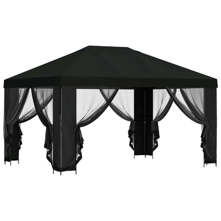 Paviljong med väggar 4 × 3 m Svart Polyester och Stål 190 gsm