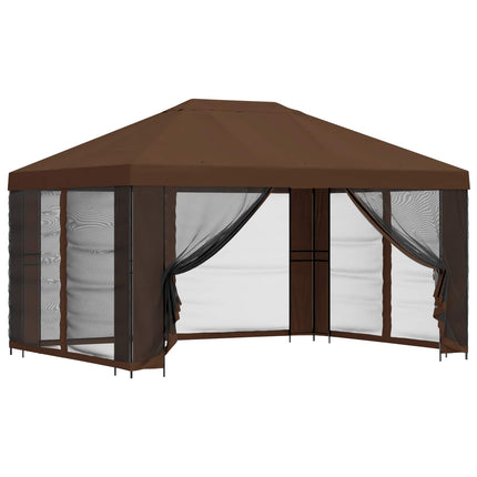 Trädgårdsgazebo med sidoväggar 4 × 3 m Brun Polyester och Stål