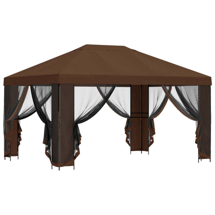 Trädgårdsgazebo med sidoväggar 4 × 3 m Brun Polyester och Stål