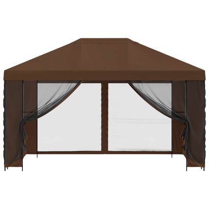 Trädgårdsgazebo med sidoväggar 4 × 3 m Brun Polyester och Stål