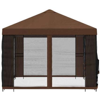 Trädgårdsgazebo med sidoväggar 4 × 3 m Brun Polyester och Stål