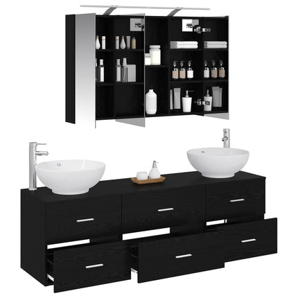 Badrumsmöbelset 4 pcs Svart ek Konstruerat trä och glas