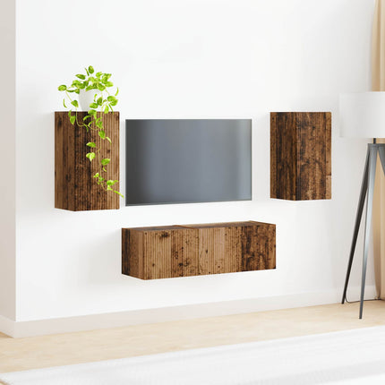 TV väggskåp set Väggmonterad 4 pcs Gammalt trä Konstruerat trä