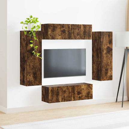 TV väggskåp set Väggmonterad 4 pcs Rökt ek Konstruerat trä