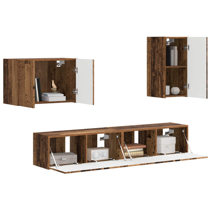 TV väggskåp set Väggmonterad 4 pcs Gammalt trä Konstruerat trä