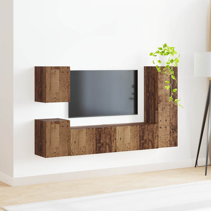 TV-bänkset Väggmonterad 4 pcs Gammalt trä Konstruerat trä