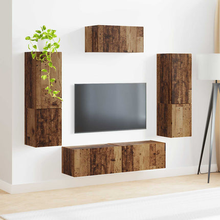 TV-bänkset Väggmonterad 4 pcs Gammalt trä Konstruerat trä