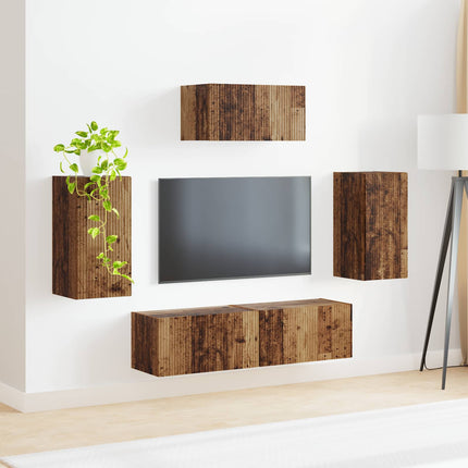 TV-bänkset Väggmonterad 5 pcs Gammalt trä Konstruerat trä