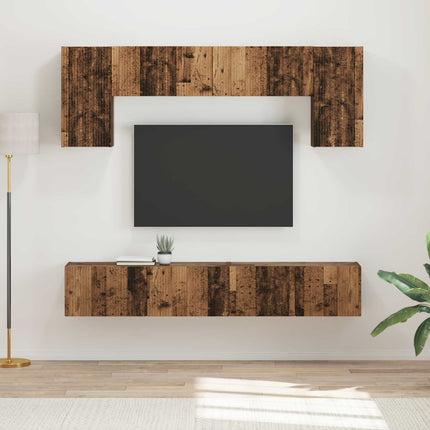 TV-bänkset Väggmonterad 4 pcs Gammalt trä Konstruerat trä