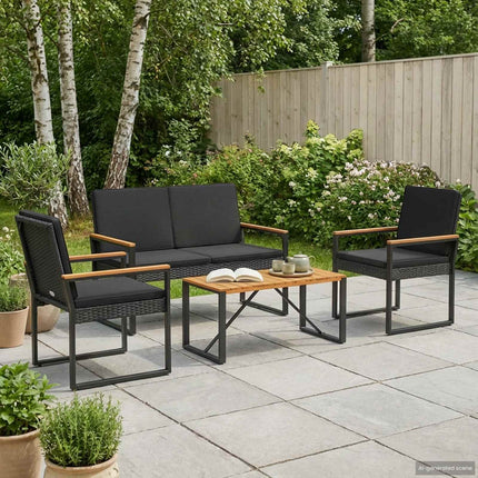 Utemöbelset med kudde 4 pcs Svart konstrotting