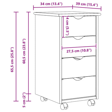 Rullande skåp med hjul Vit 34 x 39 x 65,5 cm Massiv furu