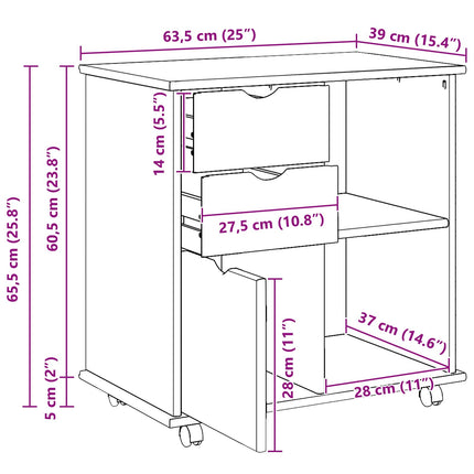 Rullande skåp Honung brun 63,5 x 39 x 65,5 cm Massiv furu
