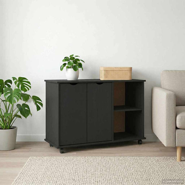 Rullande skåp med hjul Svart 100 x 39 x 65,5 cm Massiv furu