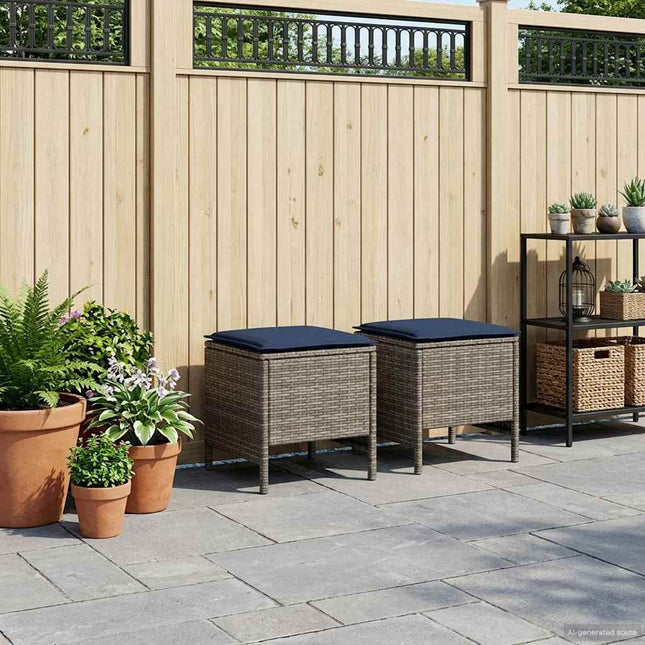 2 st Trädgårdspall PE Rattan Grå och Marinblå