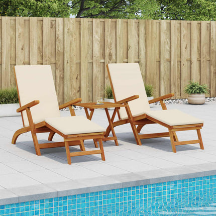 Reclining och Fällbar Solstol 3 pcs Gräddvit Massivt Akaciaträ
