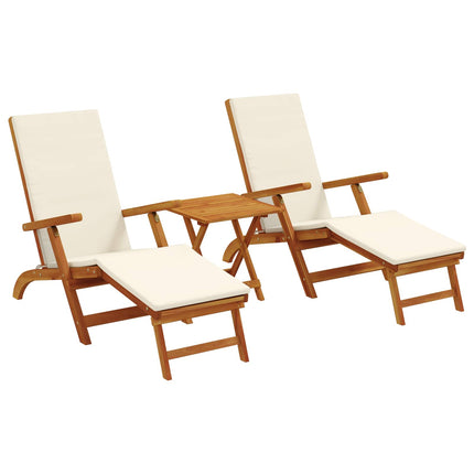 Reclining och Fällbar Solstol 3 pcs Gräddvit Massivt Akaciaträ