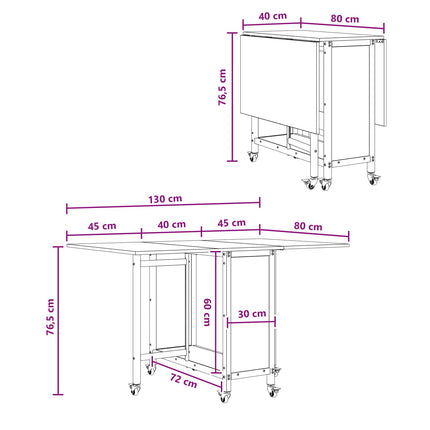 Hopfällbart matbord med hjul 130 x 80 x 76,5 cm stål PB