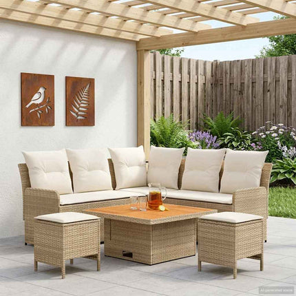 Möbelset med kudde 6 pcs Beige och gräddfärgad PE Rattan