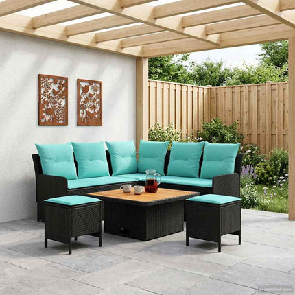 Möbelset med kudde 6 pcs Svart och turkos PE Rattan