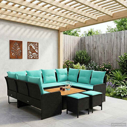 Möbelset med kudde 8 pcs Svart och turkos PE Rattan
