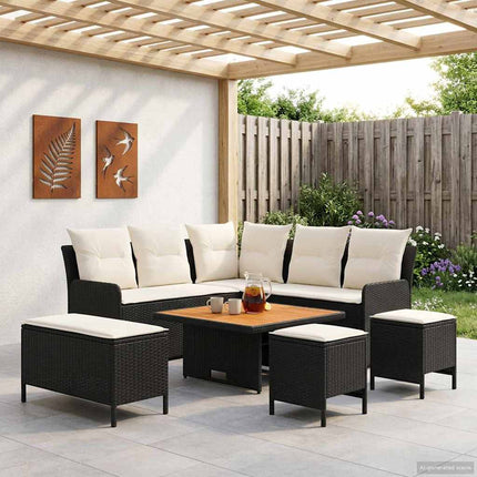 Möbelset med kudde 7 pcs Svart och kräm PE Rattan