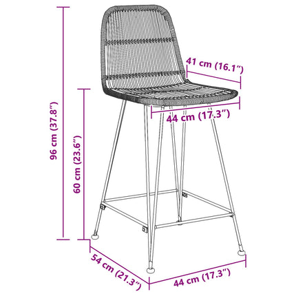 Barpall 2 pcs Svart 44 x 54 x 96 cm Rattan och Stål