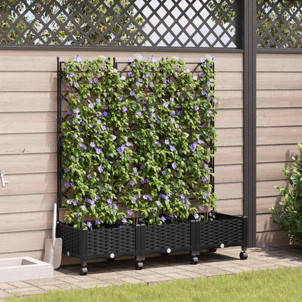 Trädgårdsplanterare med spaljé och hjul 3 st Svart PP