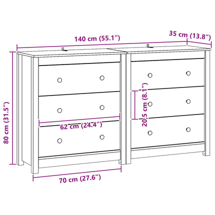 Sideboard med låda 2 pcs VaxBrun 140 x 35 x 80 cm Massivt furu