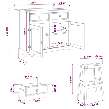 Köksö set 3 st CORONA Vit och Honungsvax 112 x 70 x 91,5 cm