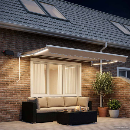 Manuell utdragbar markis med LED-lampor Taupe