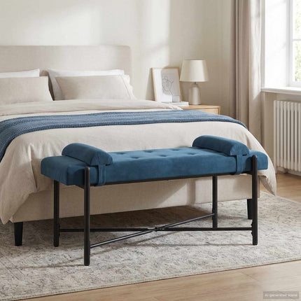 Knappstoppad bänk med kuddar Blå 110 x 40 x 46 cm Sammet
