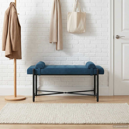 Knappstoppad bänk med kuddar Blå 110 x 40 x 46 cm Sammet