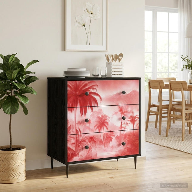 Kommode AACHEN Rosa palmträdtryck 66 x 36,5 x 76 cm Svart ek