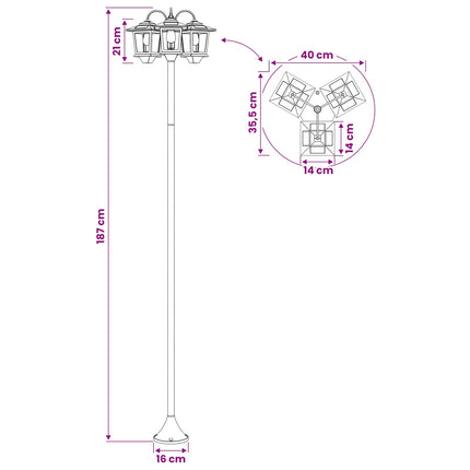 3-Huvud Lampstolpe with LED Bulb Svart 16 x 16 x 187 cm