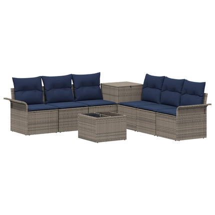 Soffset 8 st Grå och Marinblå Poly Rattan och stål