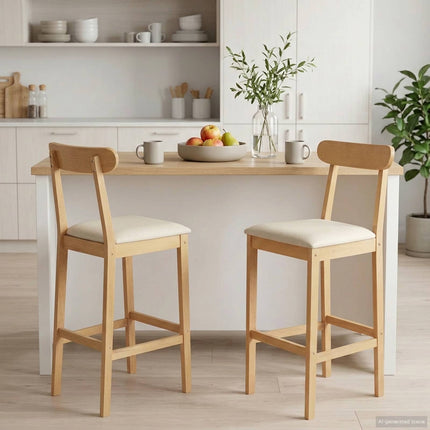 Barpall 2 st Naturlig och Beige Massivt gummiträ och tyg