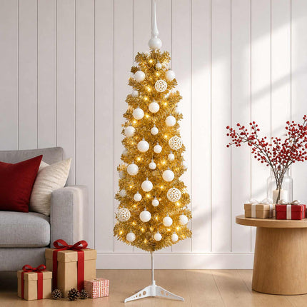 Konstgjord smal julgran med kulor 150 cm 150 LED-lampor Varmvit
