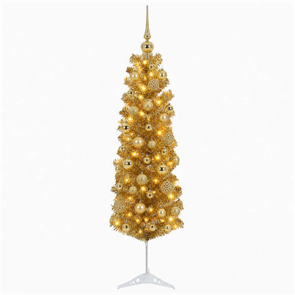 Konstgjord smal julgran med kulor 150 cm 150 LED-lampor Varmvit