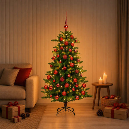 Konstgjord julgran med kulor 120 cm 150 LED-lampor Varmvit