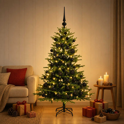 Konstgjord julgran med julkulor 150 cm 150 LED-lampor Varmvit